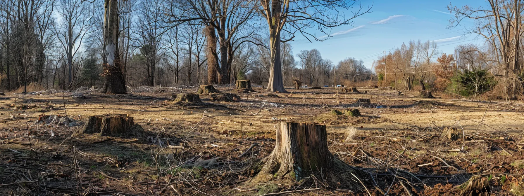 a barren landscape marked by stumps and debris, illustrating the consequences of removing trees without a permit in raleigh.