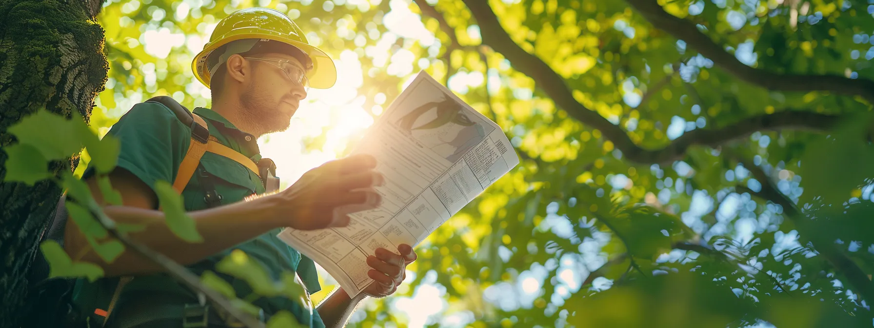 a certified arborist analyzing a tree with intricate green leaves under the bright sunlight, while surrounded by documents and reference materials on tree removal permits in raleigh, embodying a seamless permit application experience.