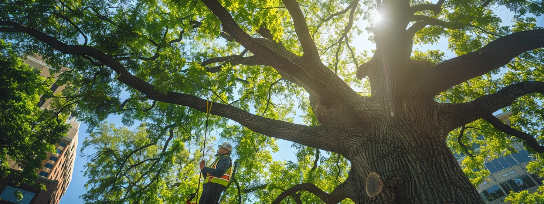 a city official inspecting a towering, lush tree in an urban setting, highlighting the importance of raleigh's tree removal regulations.