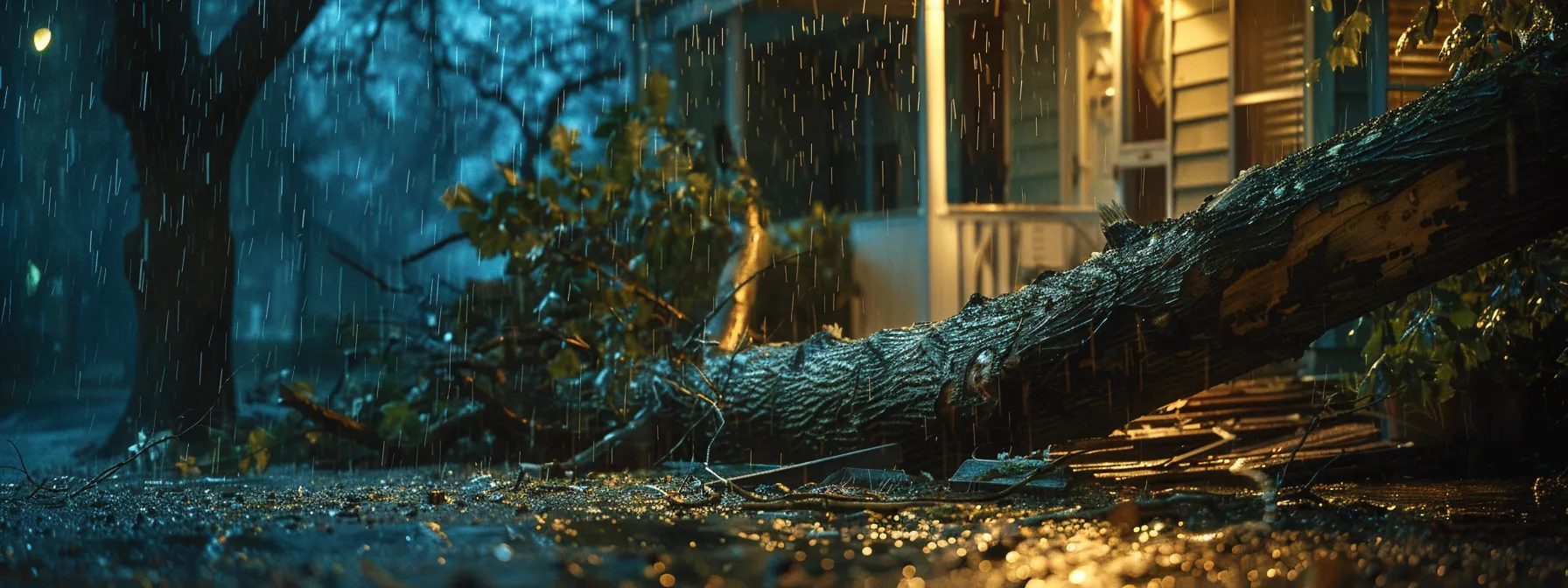 a fallen tree damaging a house during a storm, covered under insurance policy.