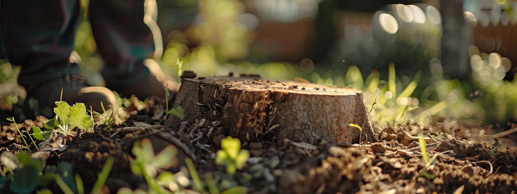 a gardener carefully cultivating fertile soil around a freshly removed tree stump in raleigh, preparing the area for new plantings and ensuring a healthy outdoor space.