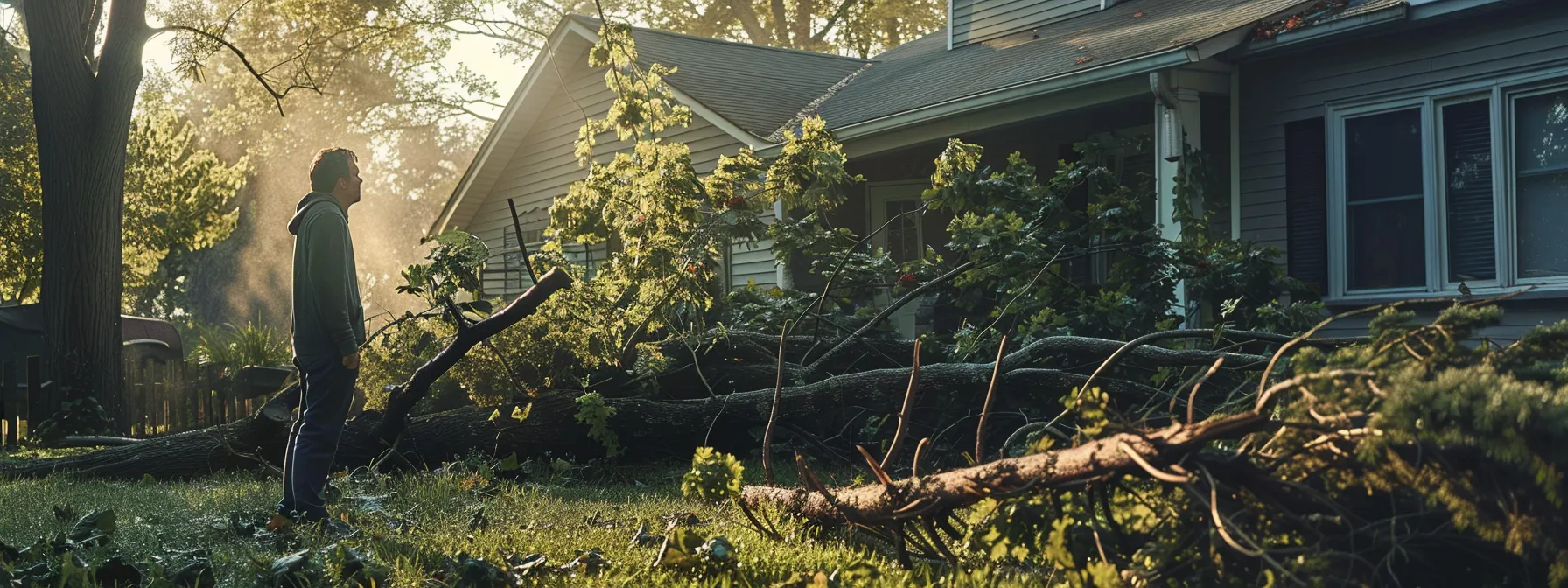 a homeowner looking at a fallen tree in their yard, realizing it's not covered by insurance due to neglect.