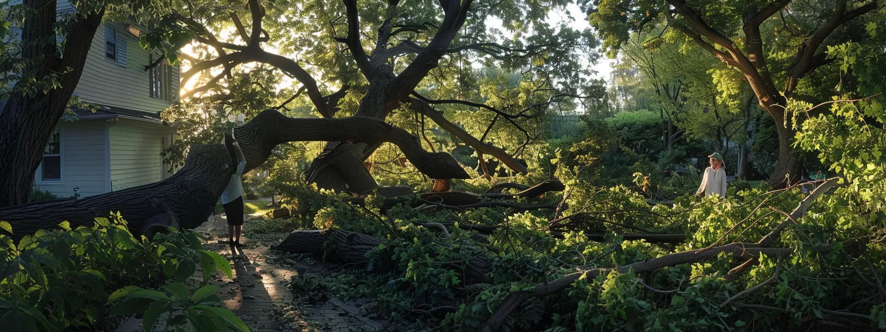 a homeowner meticulously photographing a large tree fallen on their property, highlighting the extensive damage caused by a recent storm.