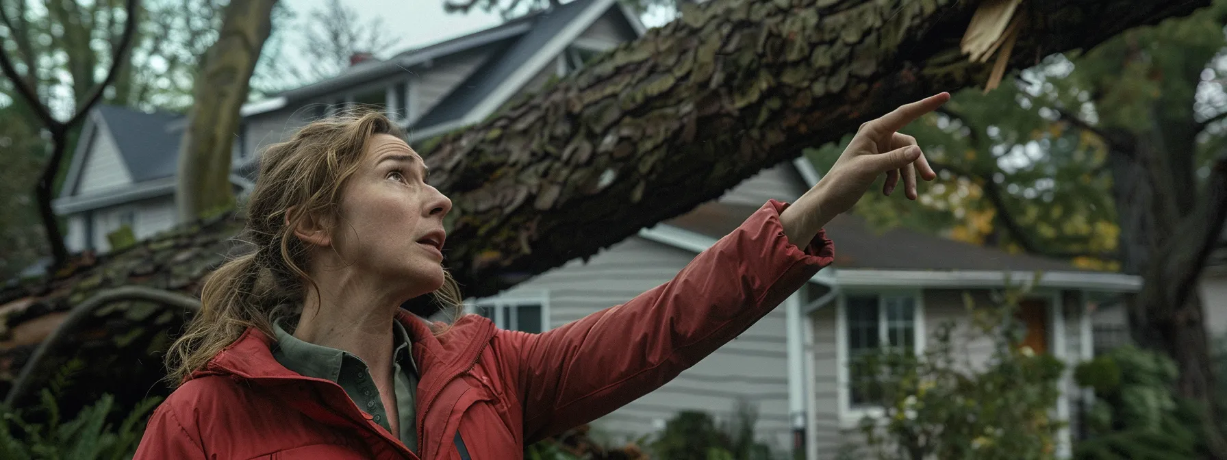 a homeowner pointing at a large fallen tree in their yard, with a concerned expression, as they review their insurance policy documents.