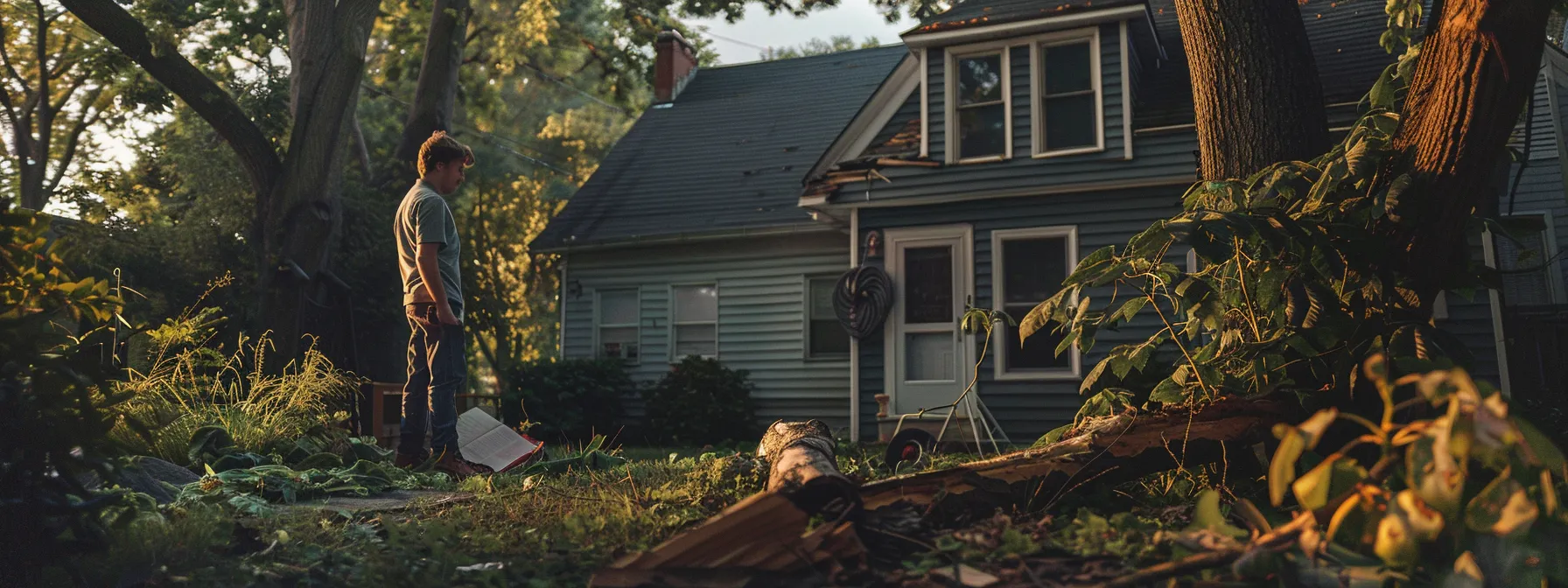 a homeowner standing beside a fallen tree in their yard, examining their home insurance policy for tree removal coverage.