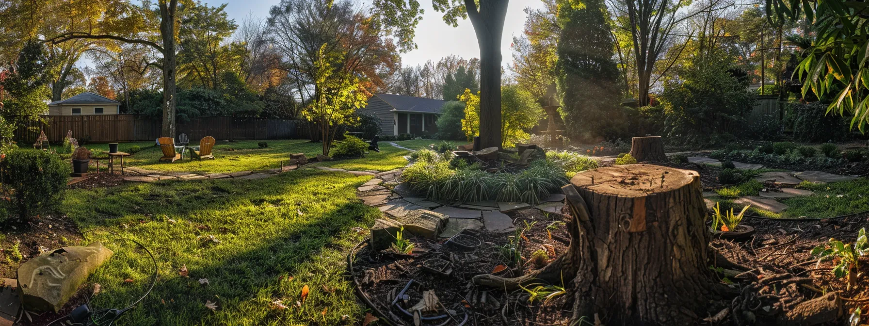 a landscaped yard in raleigh with freshly removed tree stumps, showcasing a clean and safe environment free from tripping hazards and pests.