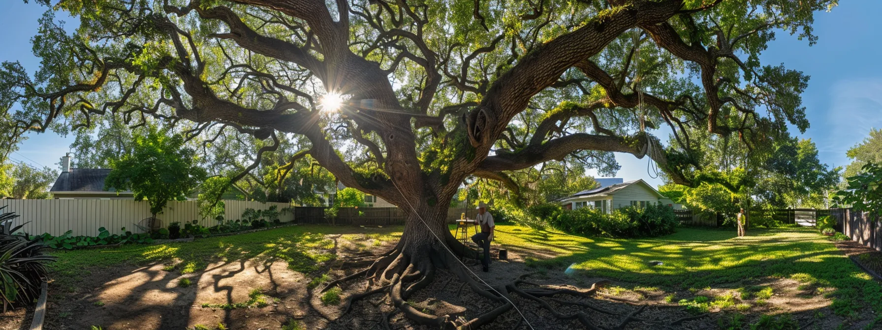 a large, ancient oak tree featuring prominently in a suburban backyard with surveyors measuring its dimensions.