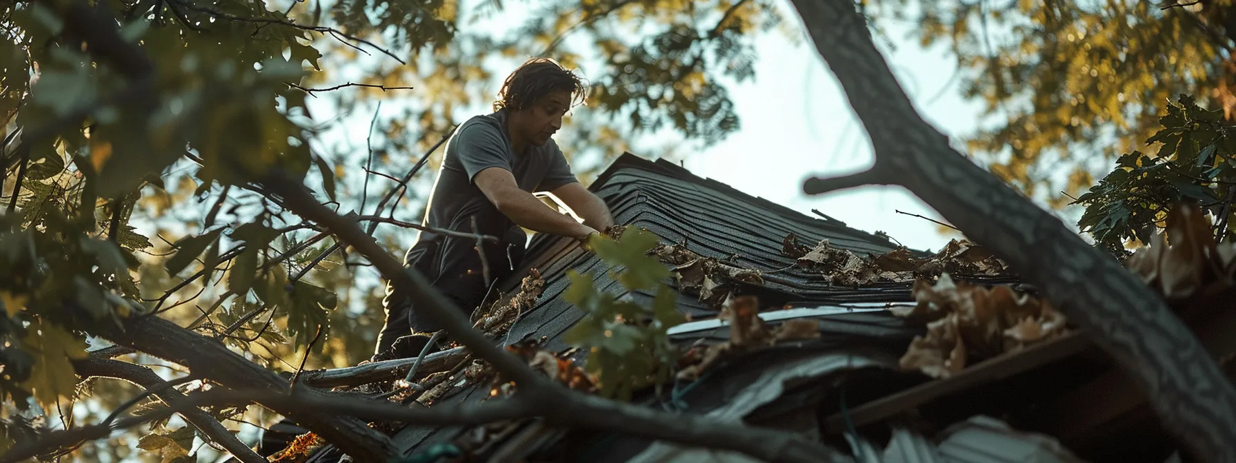 a person carefully documenting tree damage on their roof with a concerned expression.