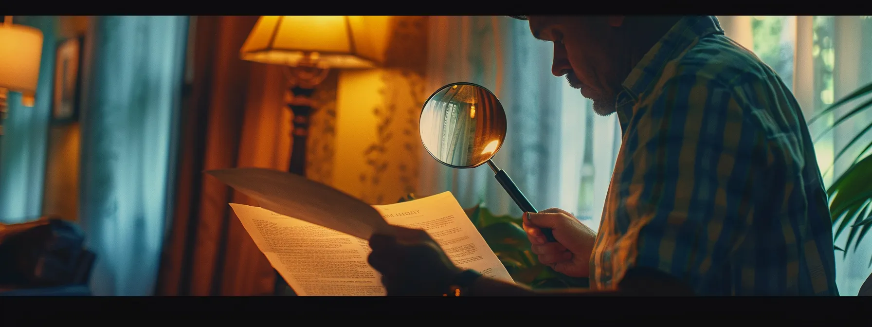 a person carefully reviewing a home insurance policy document with a magnifying glass to check for tree removal benefits coverage.