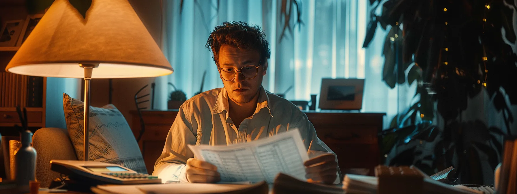 a person carefully reviewing insurance documents with a determined expression, surrounded by paperwork and a calculator.