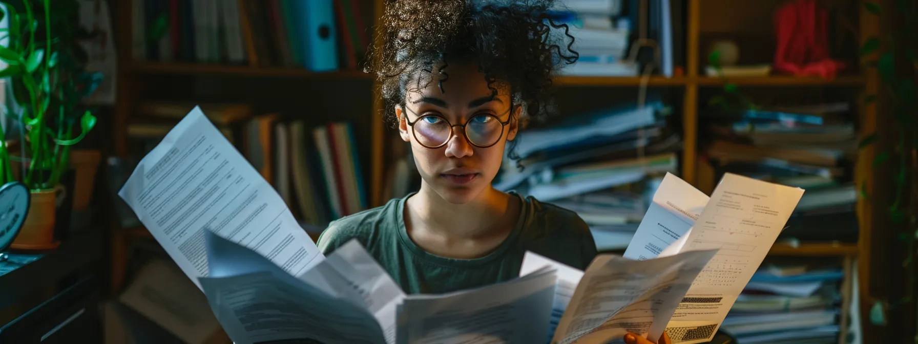 a person holding a stack of documents with a determined expression, surrounded by paperwork and a computer showing denial reasons on the screen.