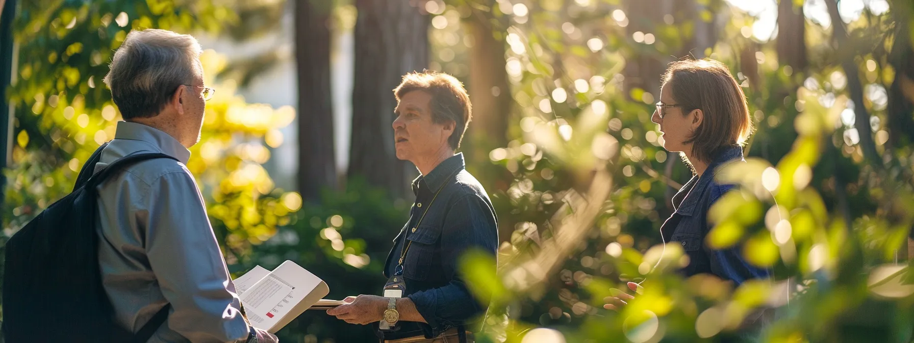 a person meeting with city officials in a forested area, presenting evidence of disease in trees for a tree removal permit in raleigh.