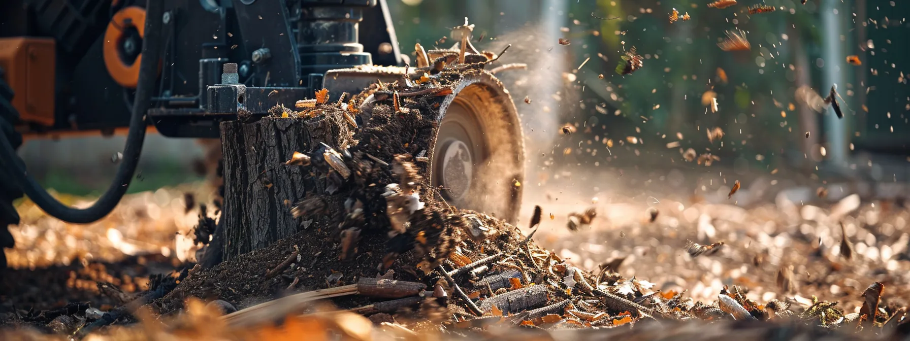 a powerful stump grinding machine turning a large tree stump into mulch in a residential backyard.