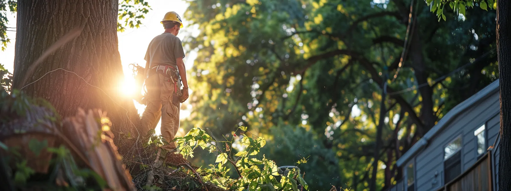 a professional arborist carefully assessing tree removal costs in a dense, debris-filled raleigh backyard.