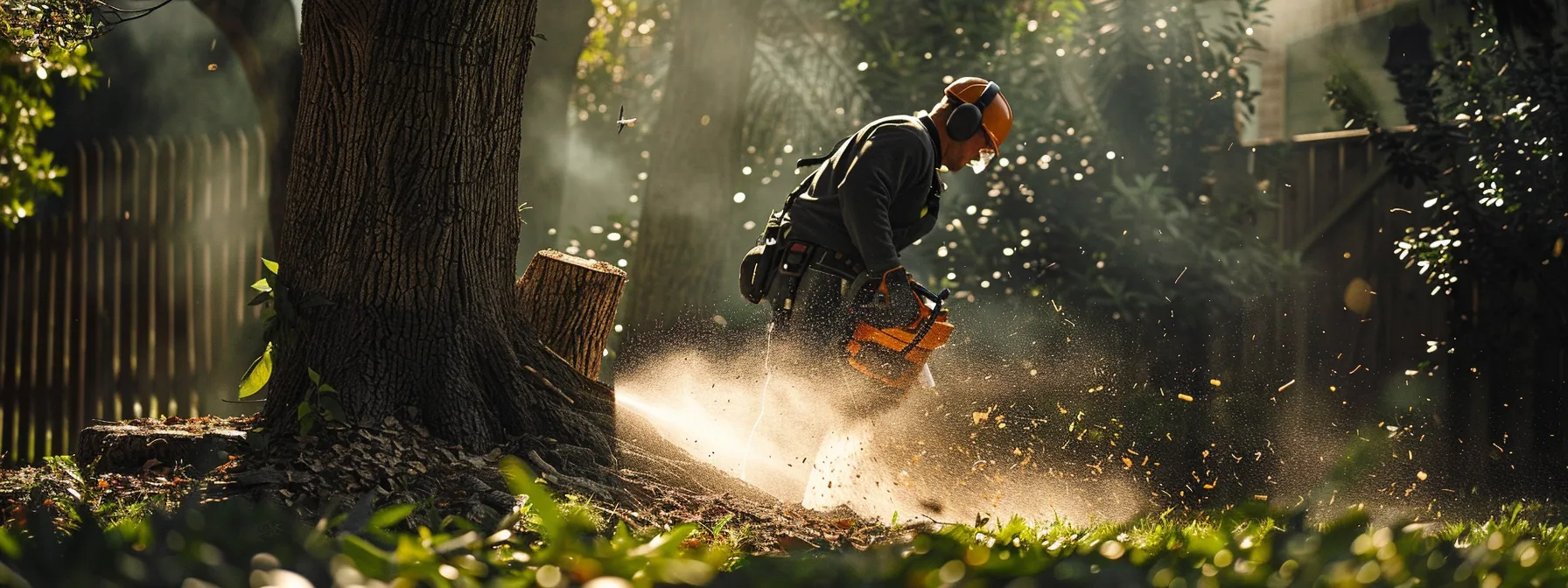 a professional arborist effortlessly grinding a tree stump in a well-equipped backyard in raleigh.