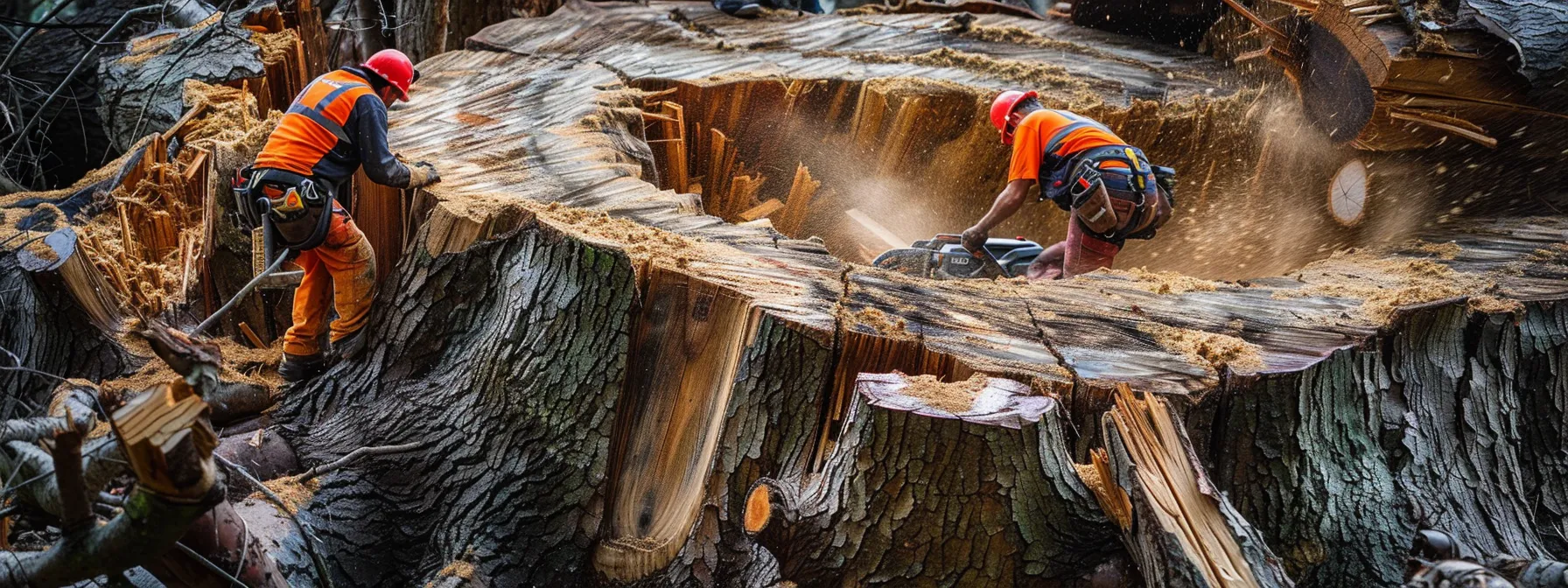 a professional stump removal team in raleigh expertly grinding down a large tree stump with precision and efficiency.