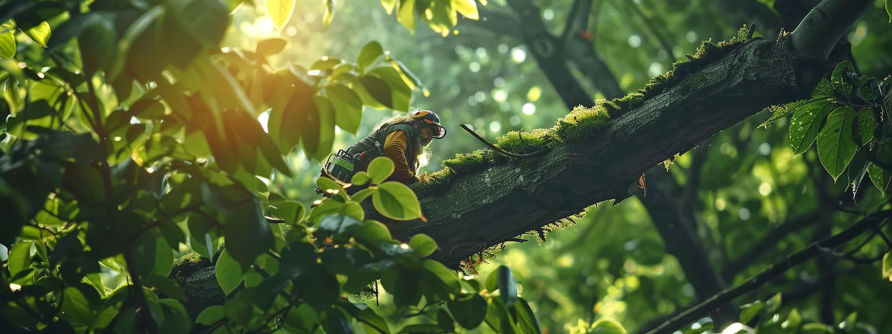 a professional tree removal service carefully trimming branches to prevent potential risks, surrounded by lush greenery.