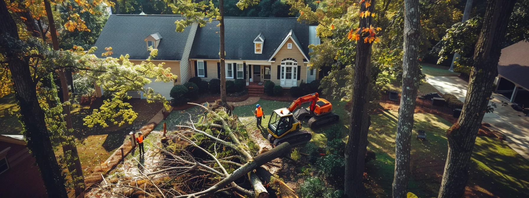 a professional tree service crew in raleigh equipped with modern gear and safety measures expertly removing a large tree from a residential property.