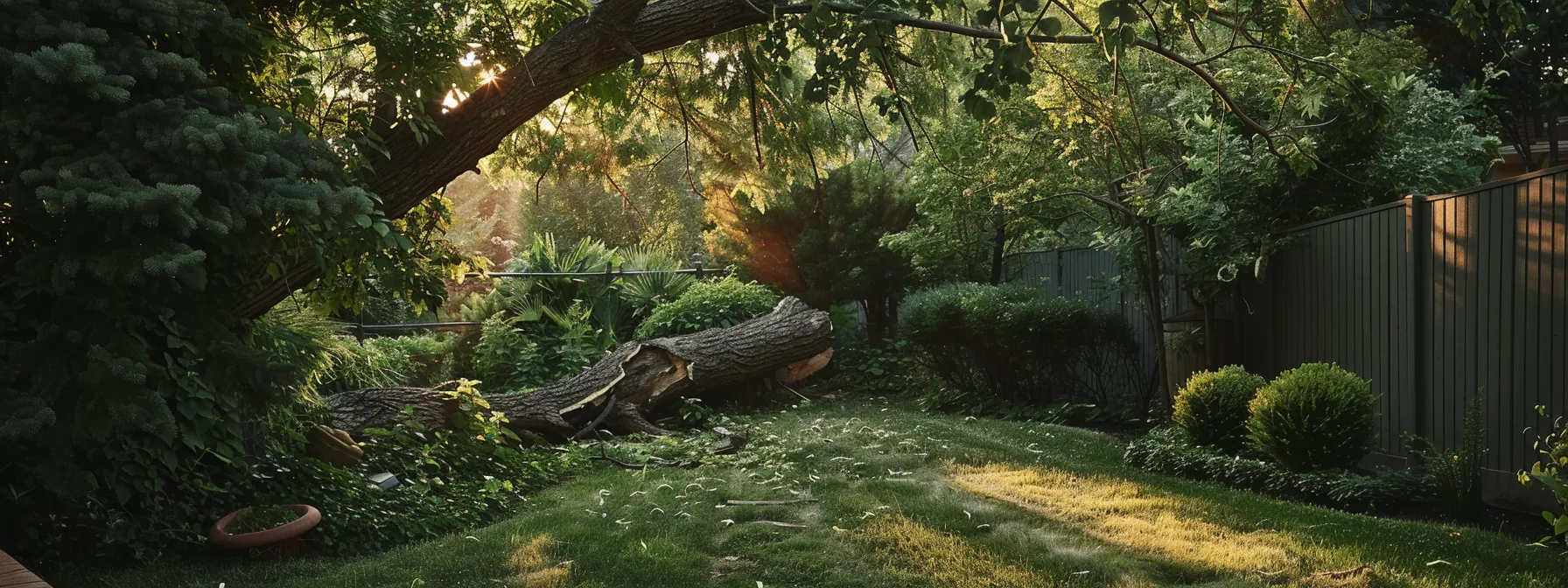 a serene backyard with a fallen tree due to a storm, illustrating the need for tree removal insurance coverage.