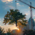 a sturdy tree being lifted by a crane against the backdrop of raleigh's skyline.