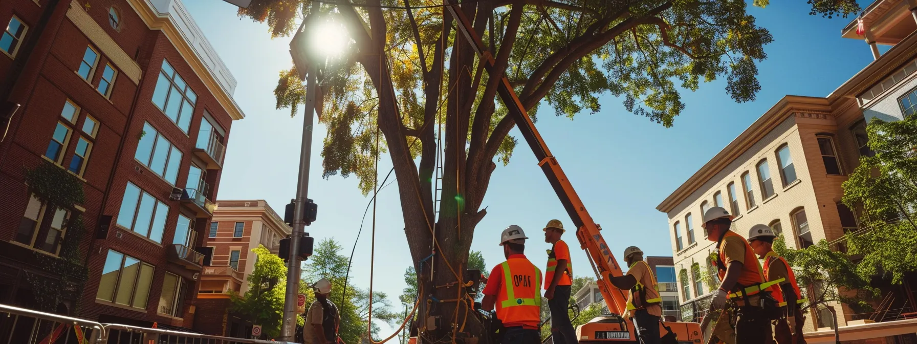 a team of expert arborists efficiently removing a large, towering tree in a commercial area of raleigh.