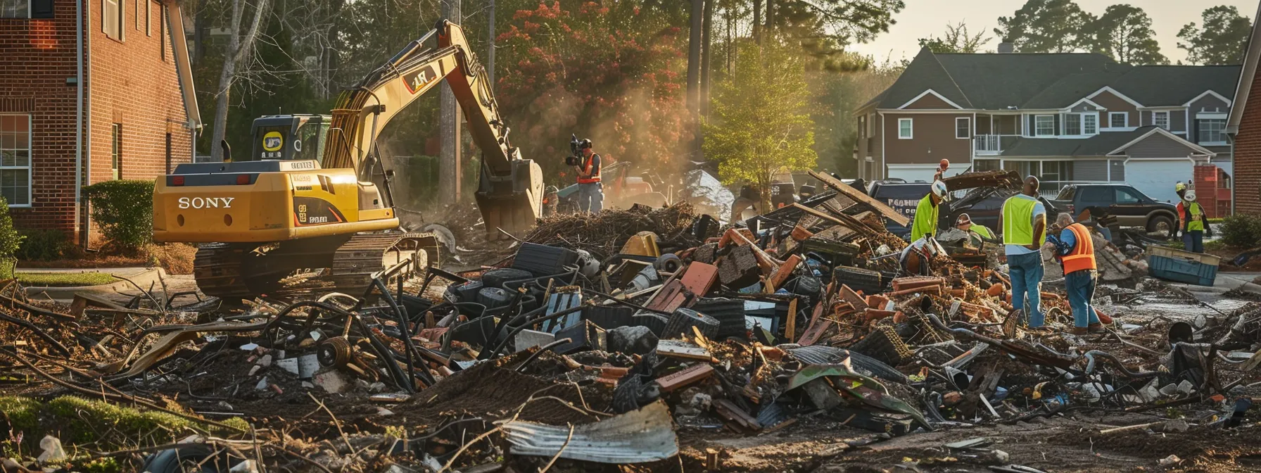 a team of professionals equipped with heavy-duty equipment clearing a large pile of debris in a residential area in raleigh.