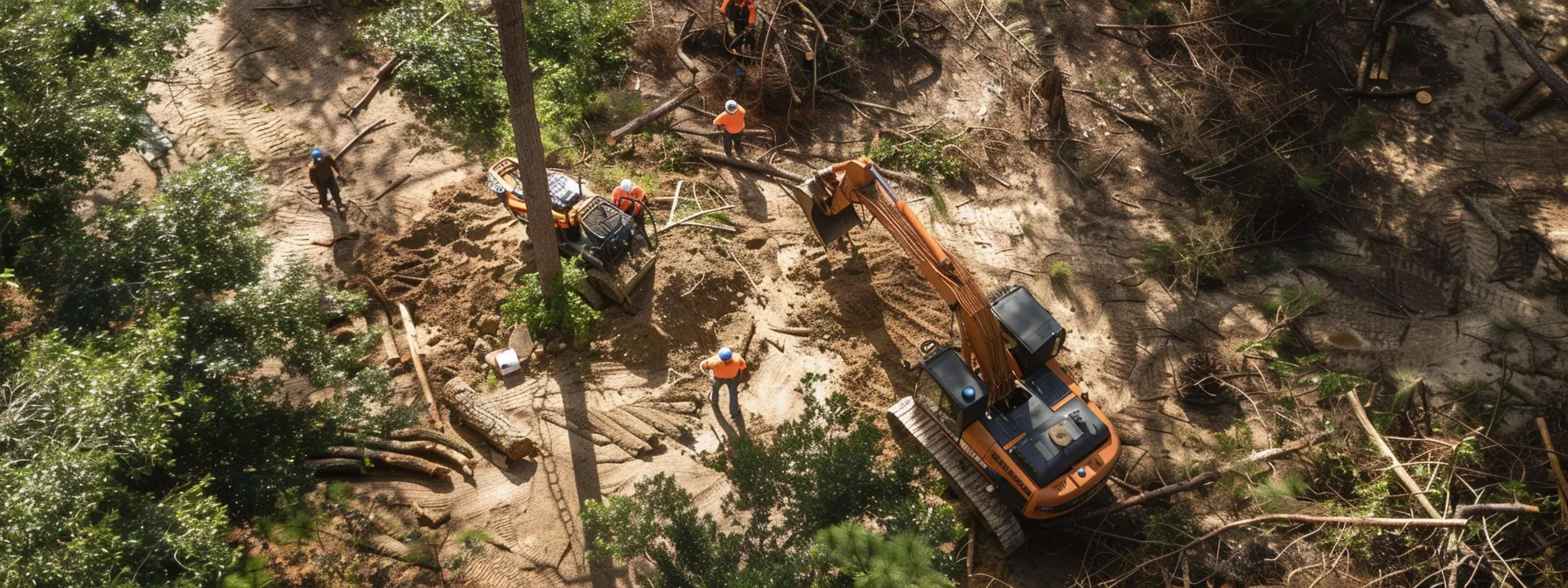 a team of professionals using specialized equipment clear debris from a tree-filled area in raleigh, leaving the landscape safe and pristine.