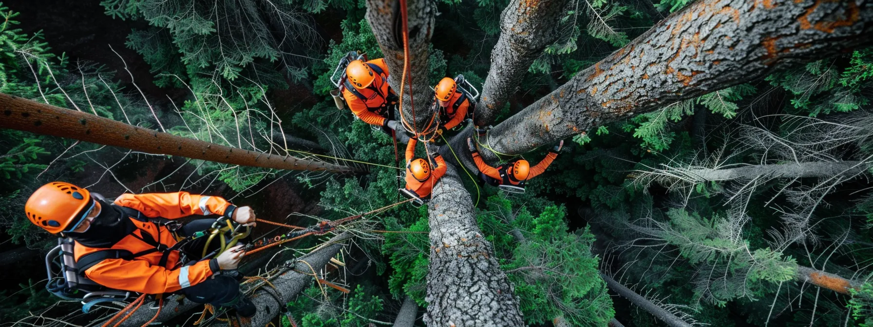 a team of tree removal professionals in orange safety gear carefully lowering a large tree limb down to the ground from a towering tree.