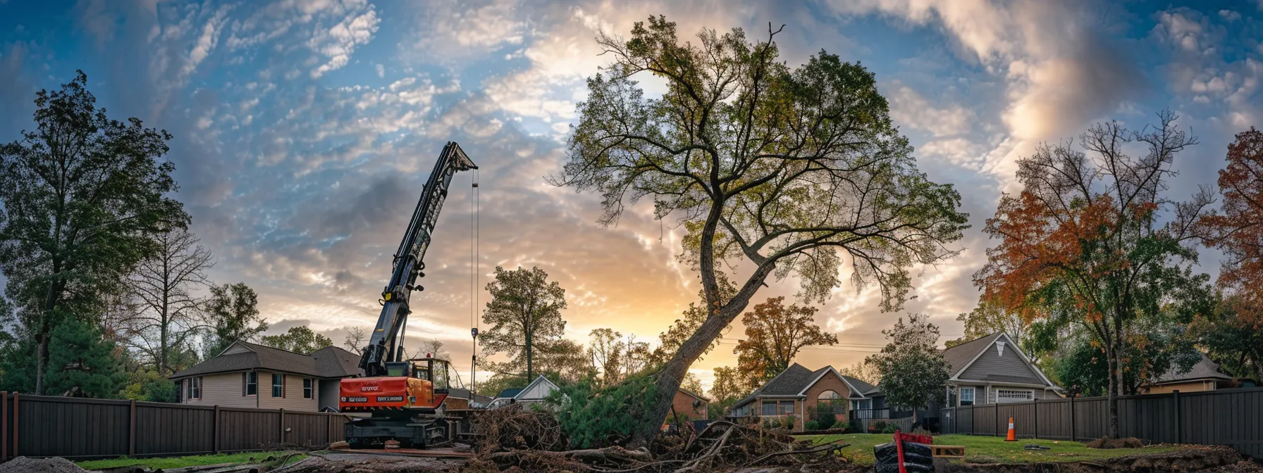 a towering crane removing a large tree in a suburban raleigh neighborhood.