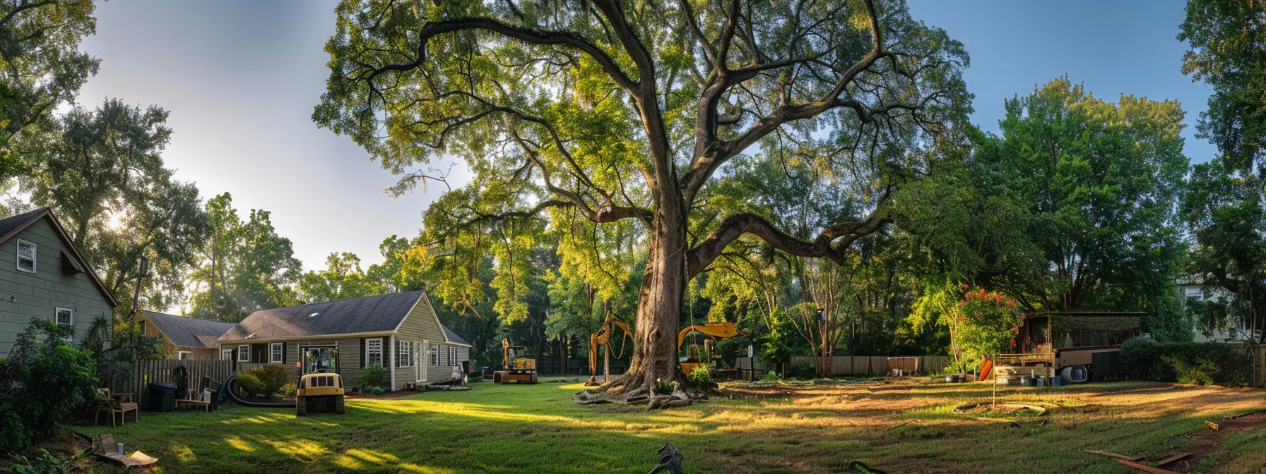 a towering, healthy oak tree being removed from a residential backyard in raleigh, surrounded by equipment and workers assessing the cost factors.