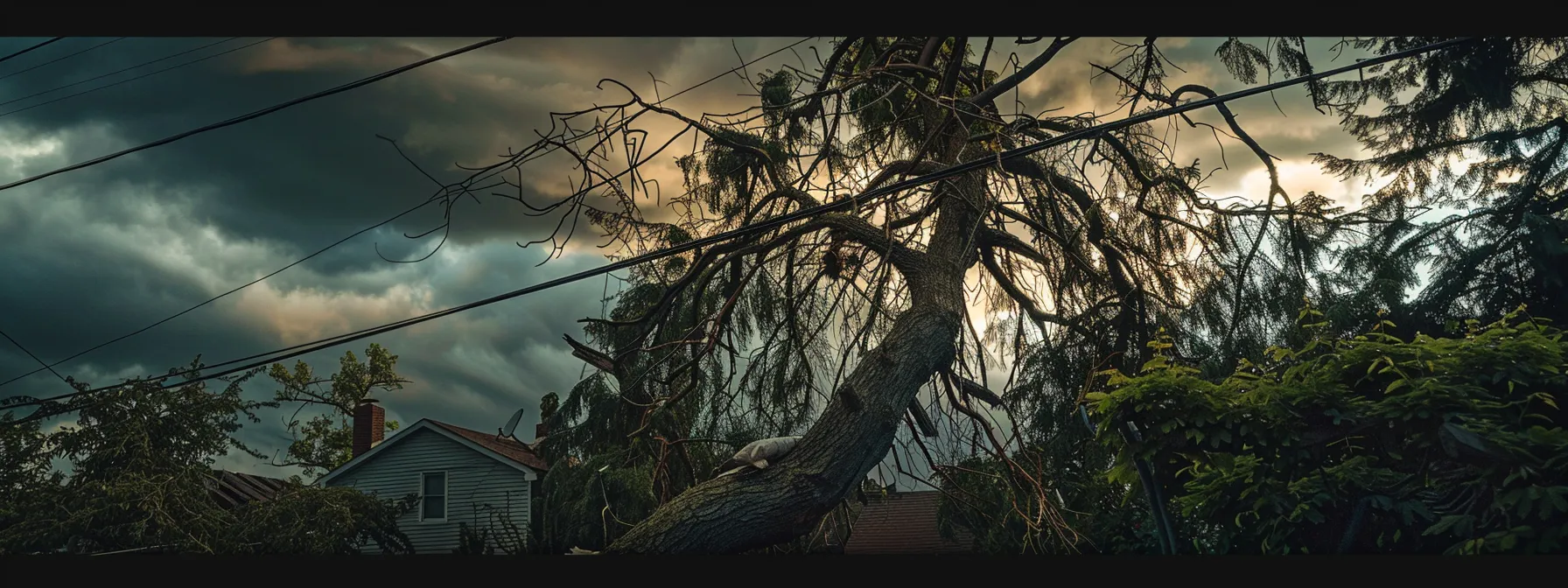 a towering, splintered tree leaning precariously over a house, its branches tangled with electrical wires, as dark storm clouds gather in the background, highlighting the need for professional tree services.