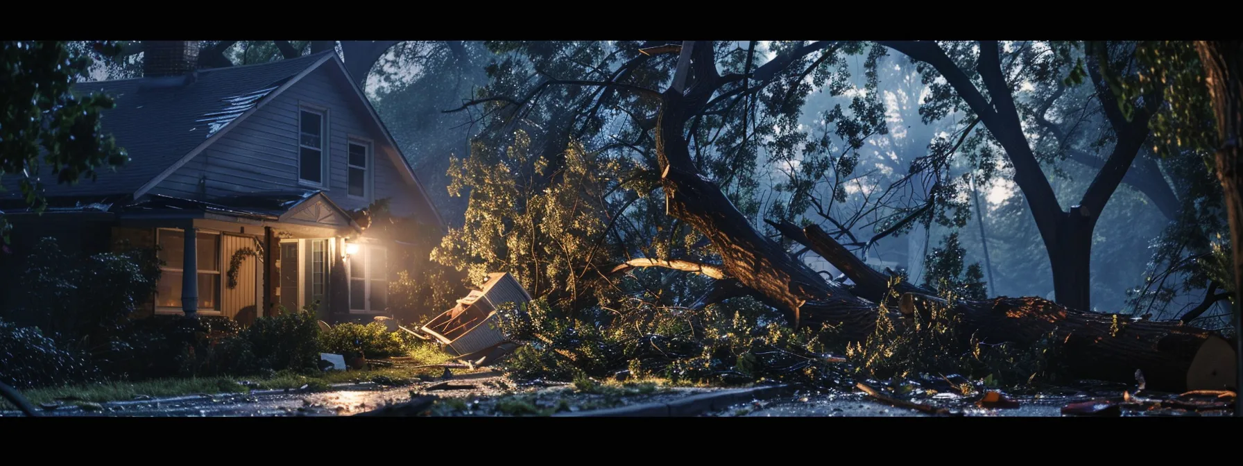 a towering tree crashing onto a suburban home, illustrating the complexities of tree removal claims and insurance coverage.