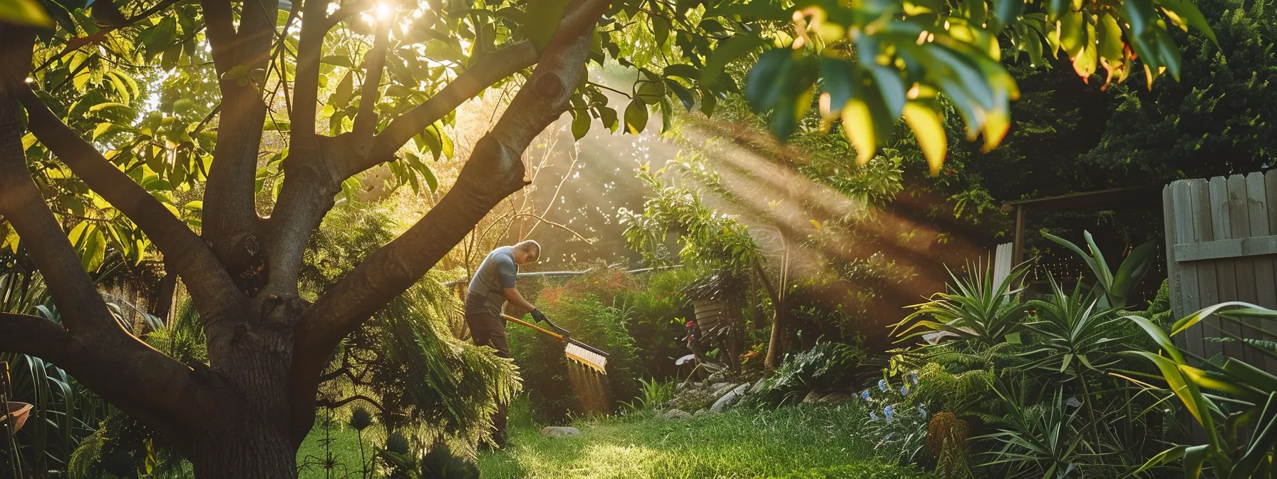 a tree being carefully pruned by a certified arborist in a lush backyard garden.