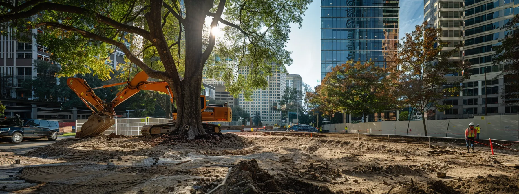 a tree being swiftly removed in a bustling raleigh construction site under special circumstances to ensure public safety.