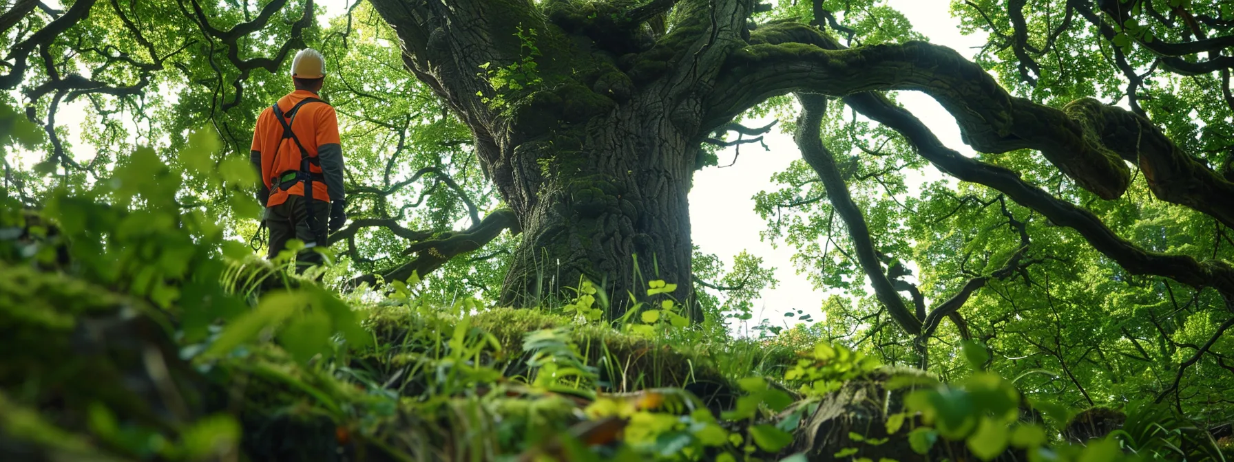 a tree expert examining the health of a towering oak tree in a lush green forest, assessing for potential hazards and ensuring future safety.