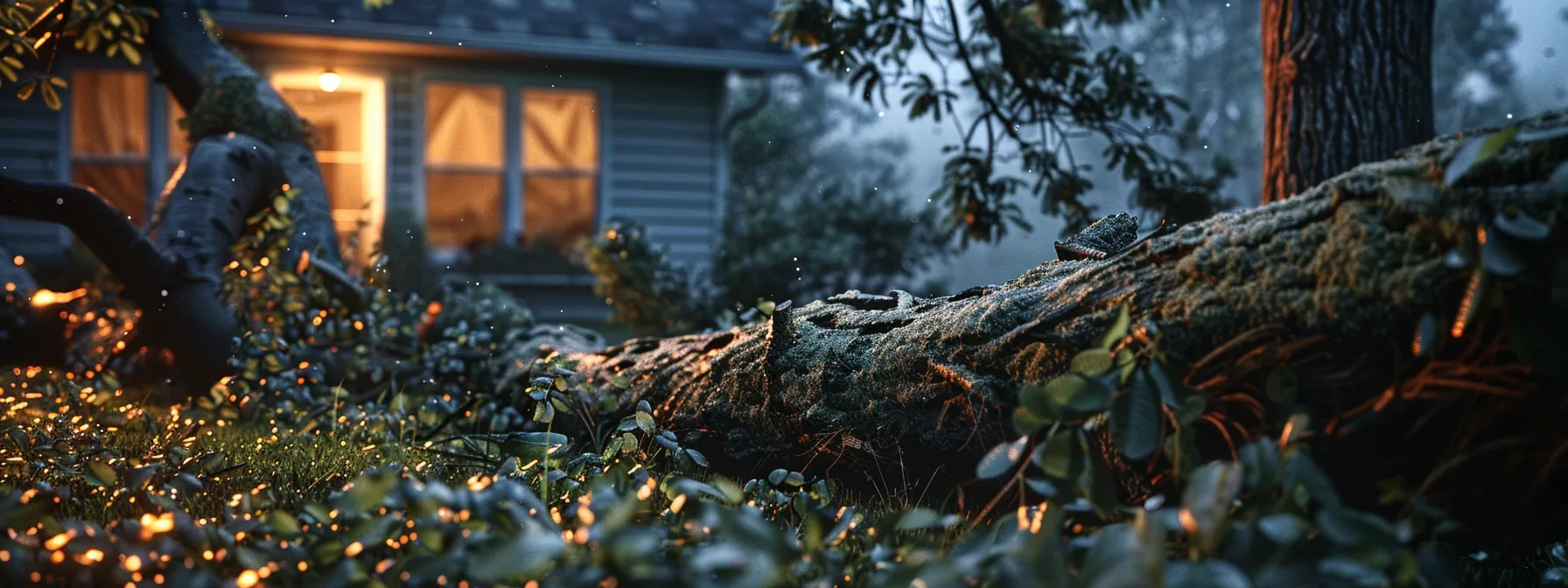 a tree fallen on top of a house after a storm, showing the urgency of tree removal services.