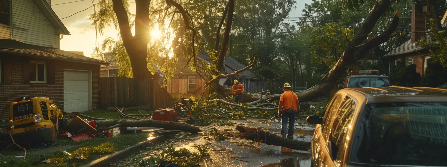 a tree removal crew removing fallen trees and debris from a yard after a storm, with an insurance adjuster assessing the damage in the background.