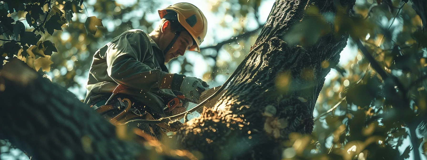 a tree removal expert in raleigh, wearing protective gear, carefully lowering a large tree branch to the ground.