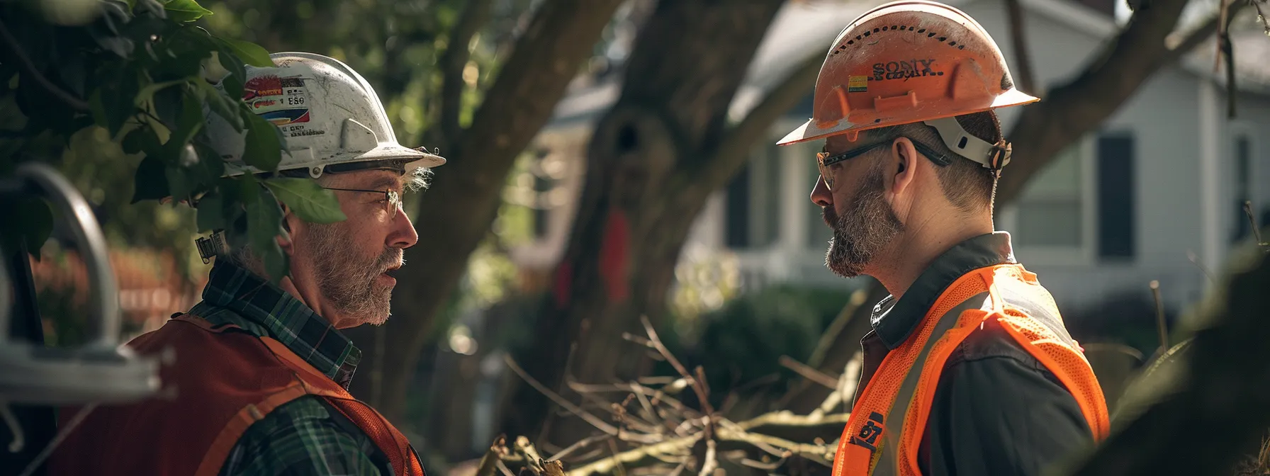 a tree removal specialist discussing the removal process with a homeowner, surrounded by tree branches and equipment.