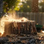 a tree stump being ground down to a pile of sawdust by a powerful machine in a backyard.