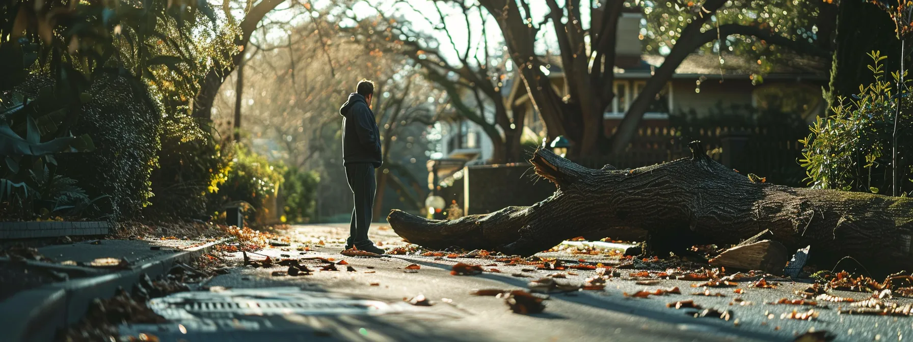 surveying a fallen tree in a driveway, carefully documenting damage and potential safety risks.