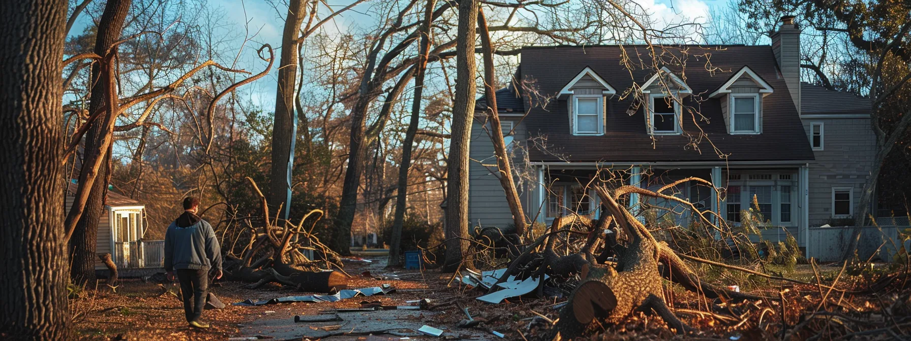 a homeowner in raleigh swiftly secures the area around a fallen tree as they call for professional removal services, with debris scattered around and a sense of urgency in the air.