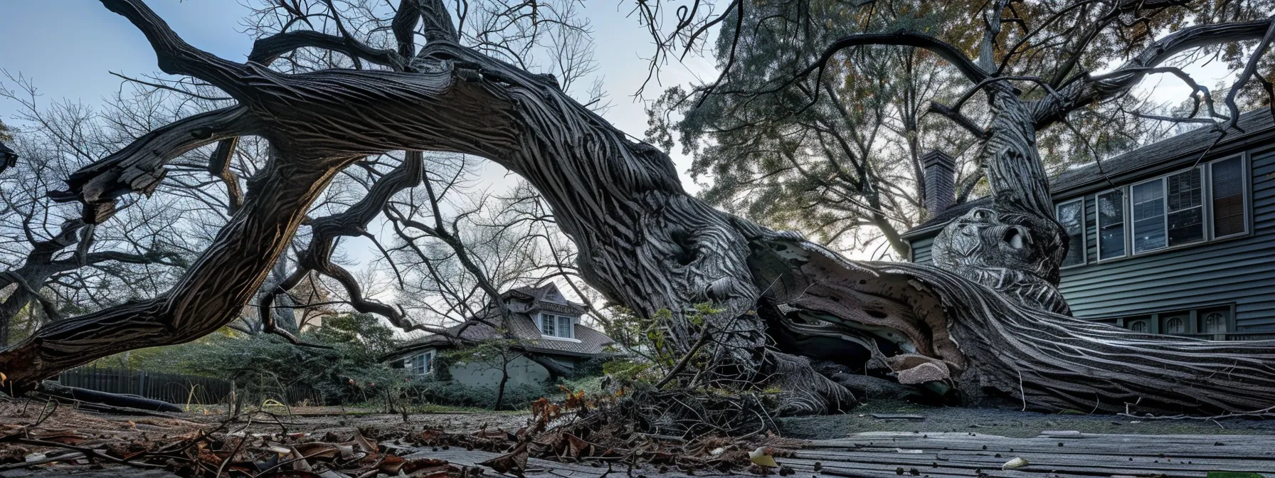 a large, decaying tree with visible cracks leaning dangerously over a house, illustrating the importance of identifying hazardous trees on your property.