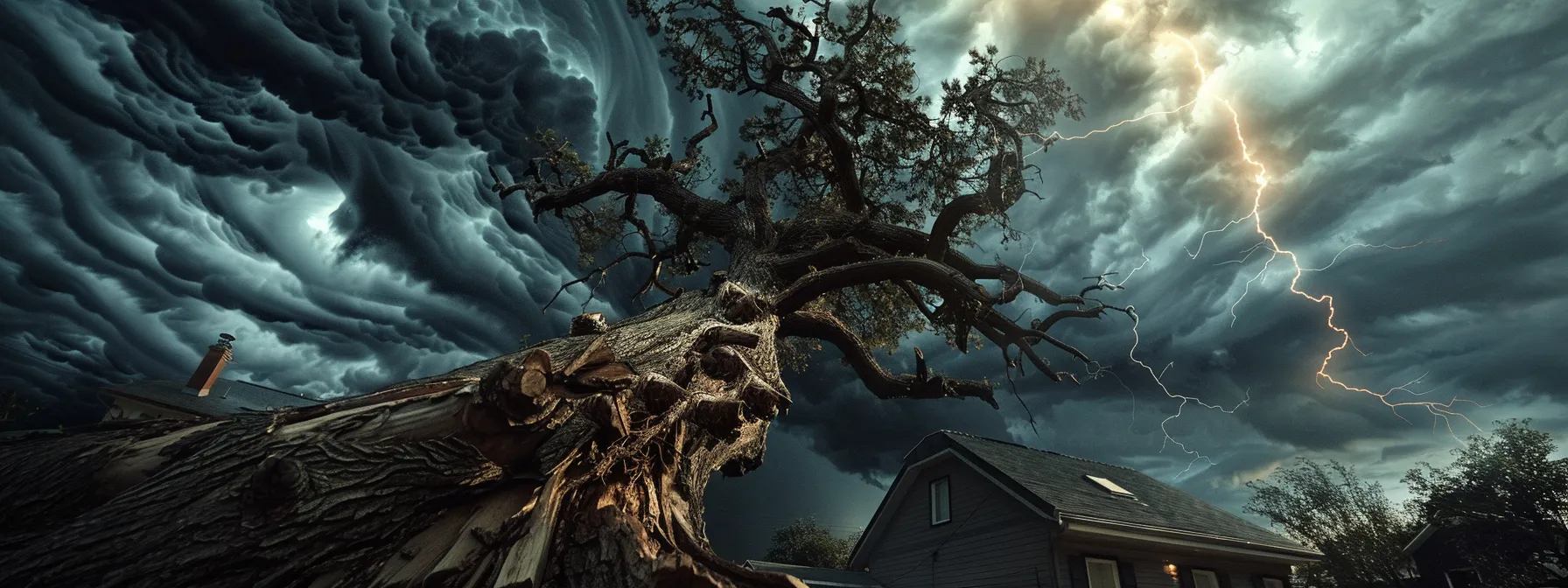 a large, leaning tree ominously poised over a house, its branches tangled and claw-like, as dark storm clouds gather overhead.