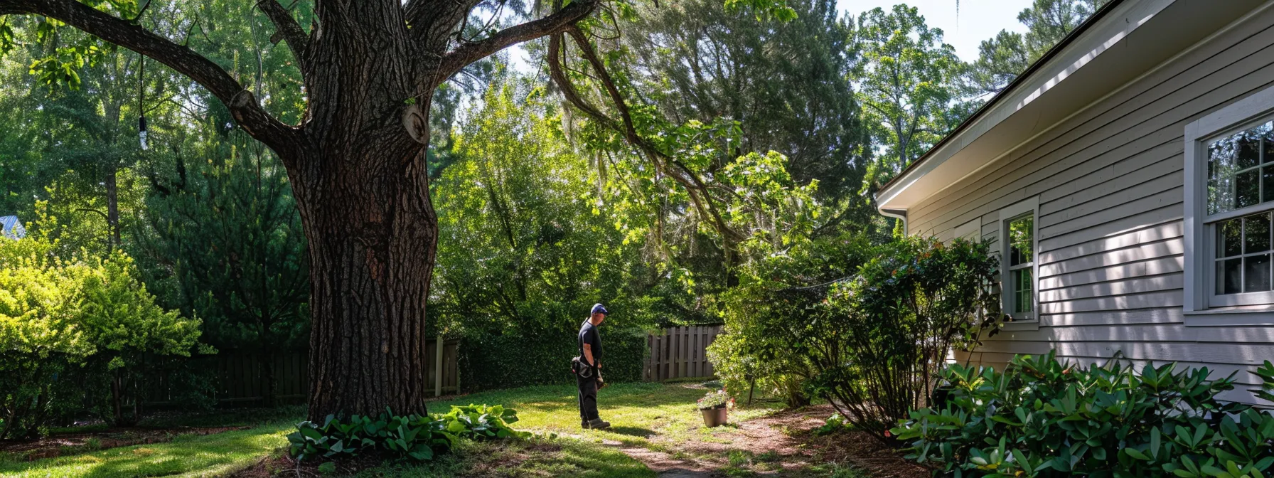 a professional arborist inspecting a tall, healthy tree in a lush backyard in raleigh, ensuring its stability and safety for the property.