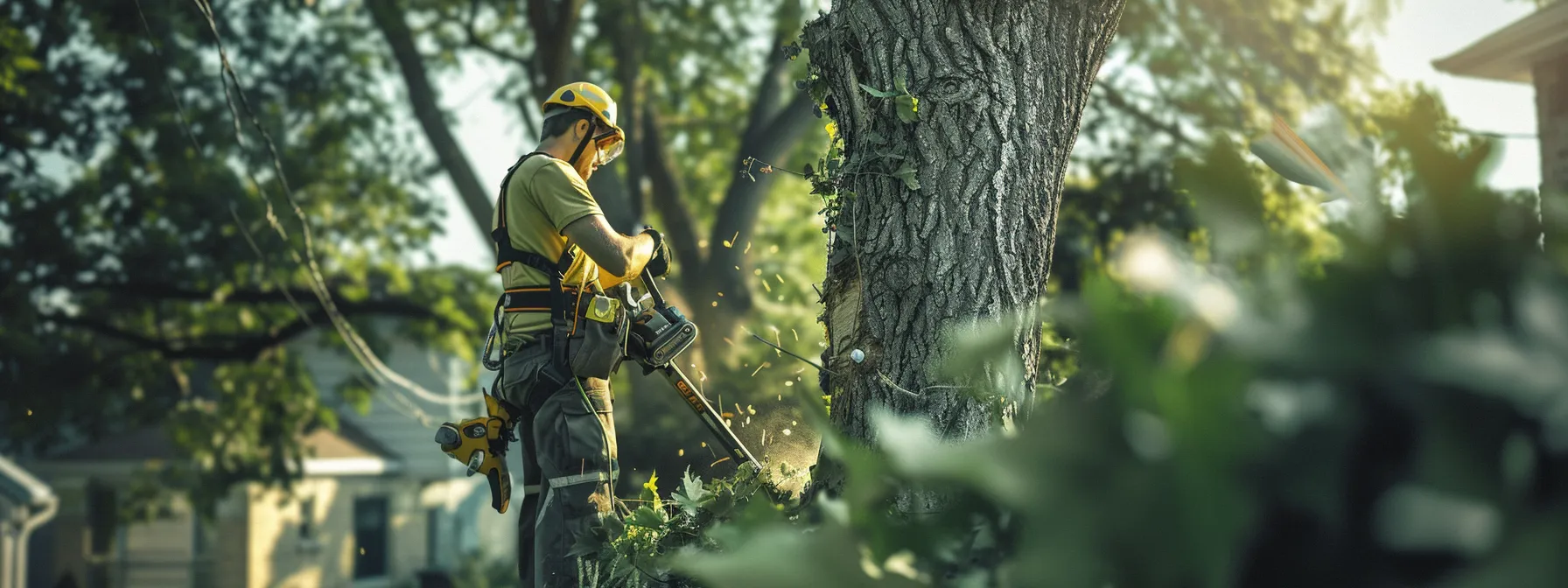 a team of arborists carefully cutting down a towering tree while wearing safety gear in a suburban neighborhood.