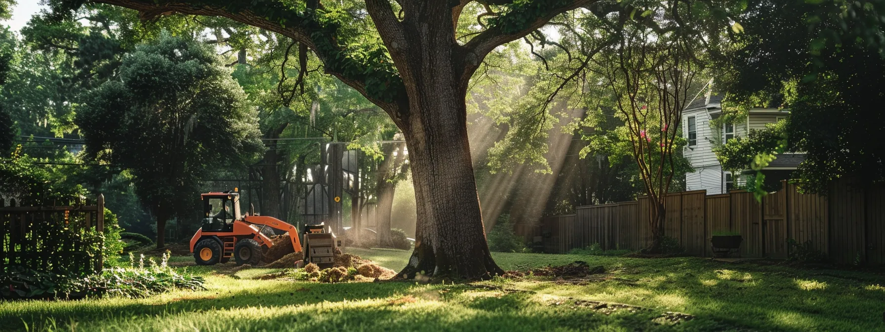 a team of experienced arborists using heavy machinery to safely remove a towering oak tree in a residential backyard in raleigh.