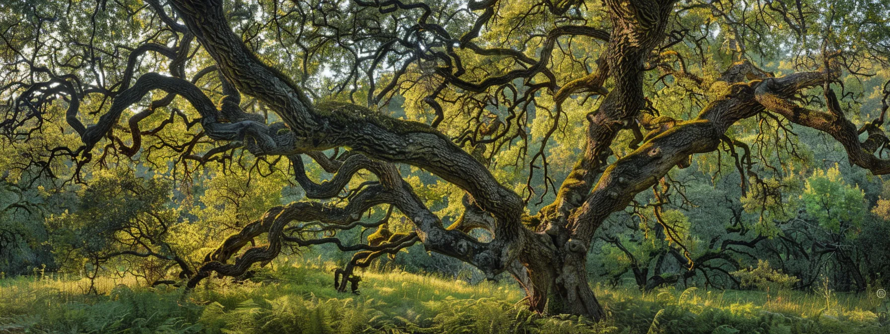 a towering oak tree with twisted, gnarled branches showing signs of disease, set against a backdrop of a lush green forest.