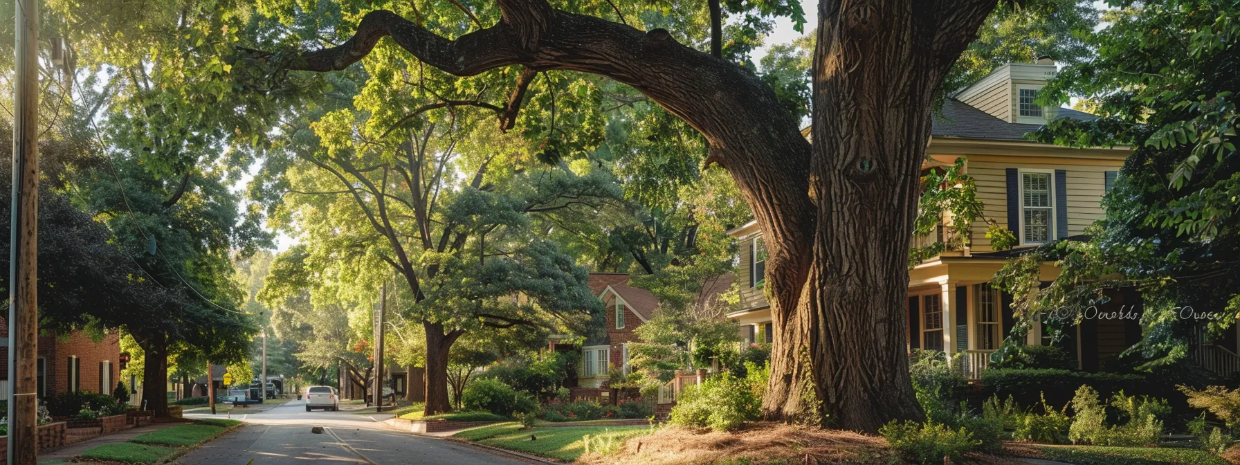 an arborist carefully examines a towering oak tree in a lush raleigh neighborhood, preparing for tailored removal services to protect the unique urban environment.