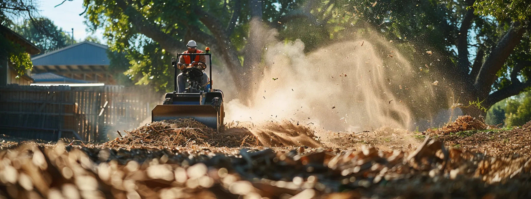 tree removal specialists using precision equipment and tools in a commercial setting, with woodchips and stump grinder enhancing the landscape aesthetics.